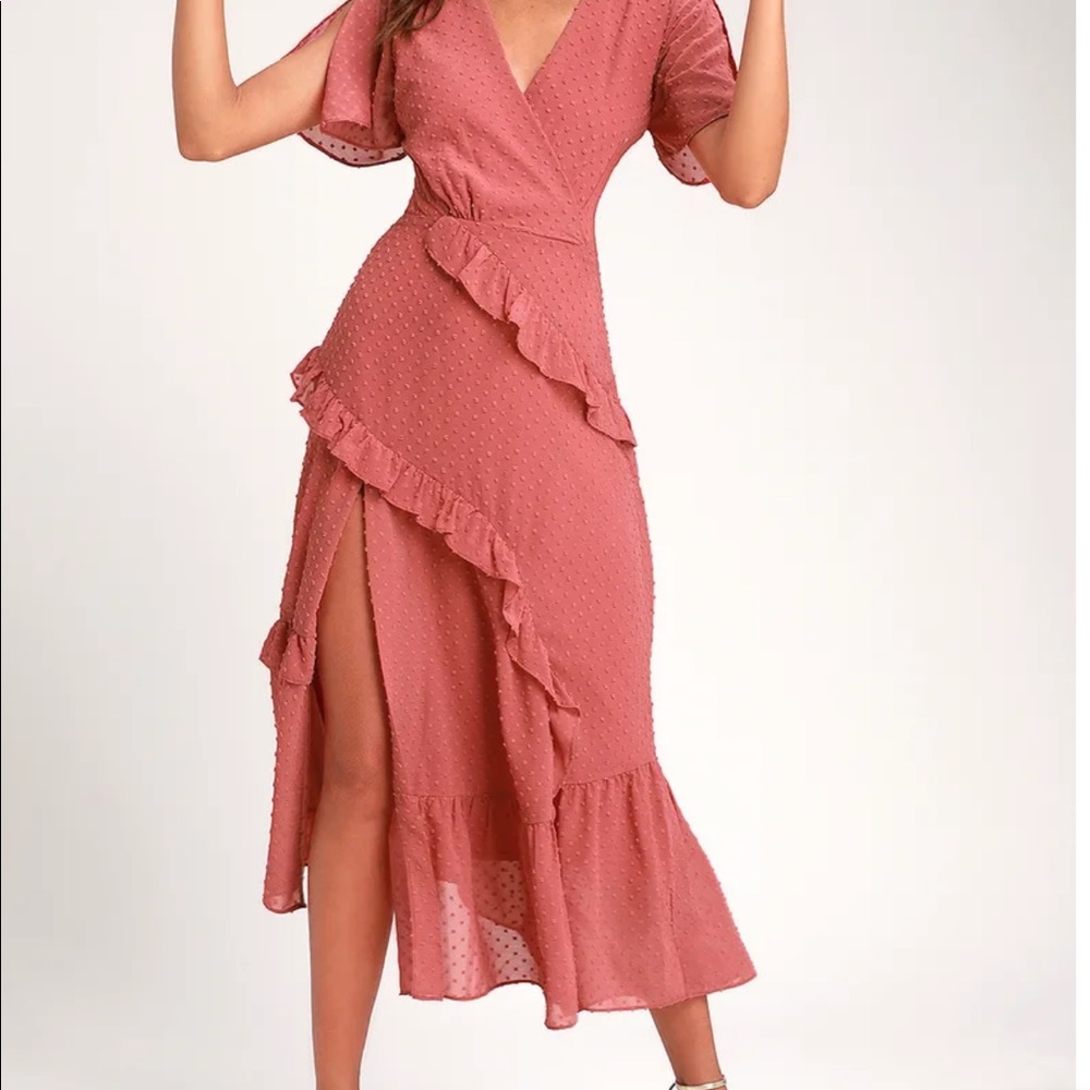 Lulu’s Pink Dot Ruffled Midi Dress